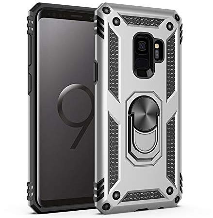 BestST Funda para Samsung Galaxy S9+ Plus,HD Protector de Pantalla,Elegante Armadura híbrida Robusta Funda de Doble Capa de Alta Resistencia para PC Duro Caso con Anillo Grip Kickstand,Plata