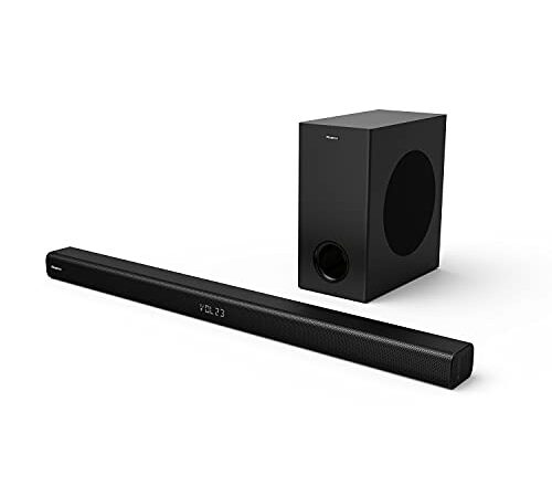 Hisense HS218 - Barra de sonido 2.1 ch, 200W, audio Dolby Digital, Bluetooth, HDMI ARC/Óptico/Aux/USB, 3 modos de sonido