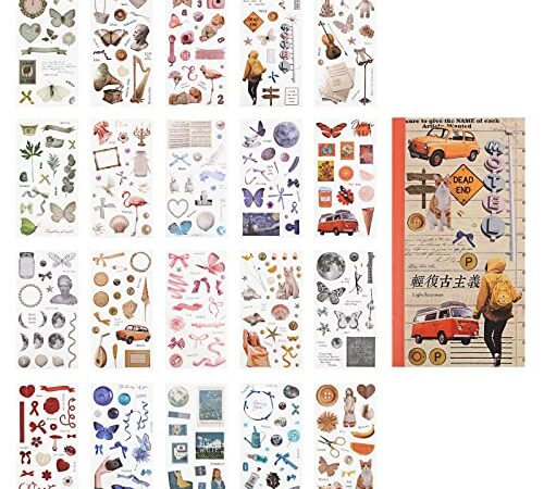 200+ Piezas (20 Hojas)Vintage Washi Pegatinas, AVECMOI Pre-cut Scrapbooking Stickers para Diarios, Collage, Tarjetas, Sobres