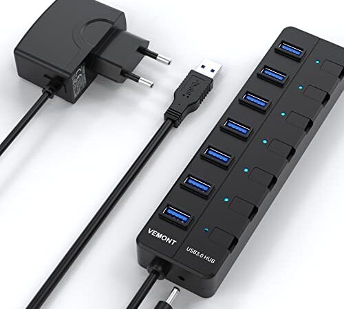 Hub USB Alimentado,VEMONT 7 Puertos USB 3.0 Hub con Alimentación Externa,SuperSpeed Multi USB con Botón Encendido Individual y Cable Largo 1,2m para Mac iOS, Windows,Android,Linux con Adaptador 5V/2A