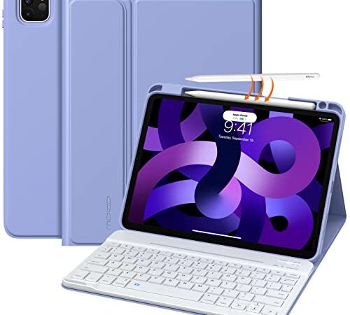 MoKo Funda con Teclado Compatible con iPad Air 5/4 10,9 2022/2020 / iPad Pro 11 2021/2020/2018, Teclado Inalámbrico Desmontable QWERTY Bluetooth Magnética con Soporte para Lápiz, Púrpura Lavanda