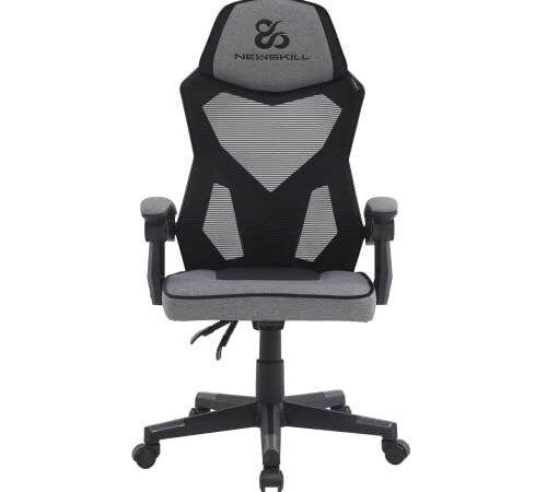 Newskill Silla Gaming Tela Transpirable Eros, Respaldo Mallado, Silla de Escritorio Altura ajustable, Reposabrazos fijos, Altura Regulable, Ergonómica, Reposacabezas integrado, Hasta 150kg, Color Gris