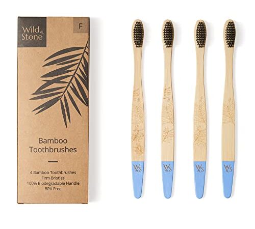 Wild & Stone | Cepillo de dientes de bambú orgánica | 4 individualmente numerada | Cerdas firmes de fibra de carbono | Mango 100% biodegradable | Cepillos de dientes veganos orgánicos