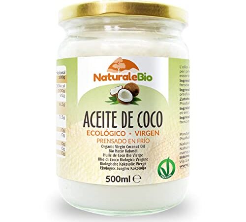 Aceite de Coco Ecológico Virgen 500 ml. Crudo y prensado en frío. Orgánico y Natural. Aceite Bio nativo no refinado. País de origen Sri Lanka. NaturaleBio