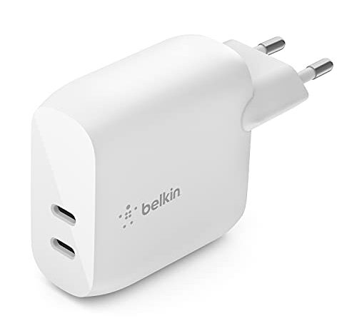 Belkin Cargador de Pared USB Type C PD de 40 W (dos Puertos USB-C de 20 W cada uno para Carga Rápida PD para iPhone 14 o 13, iPad Pro, Galaxy y Otros)