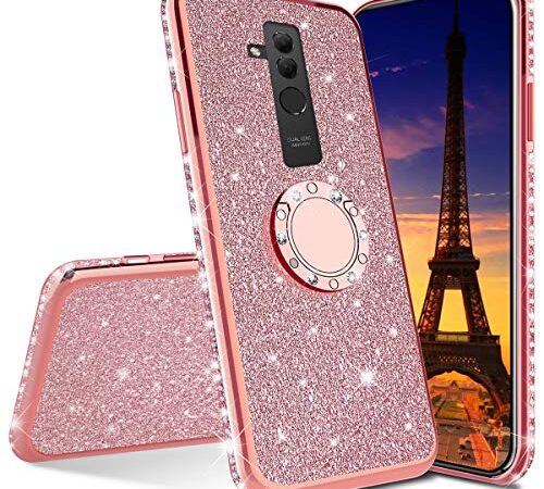 HMTECH Compatible with Huawei Mate 20 Lite Funda Bling Glitter Silicona TPU Ultra Fina Suave Enchapado Anti-Arañazos Carcasa con soporte de anillo de 360 °para Huawei Mate 20 Lite,Rose Gold Holder TPU