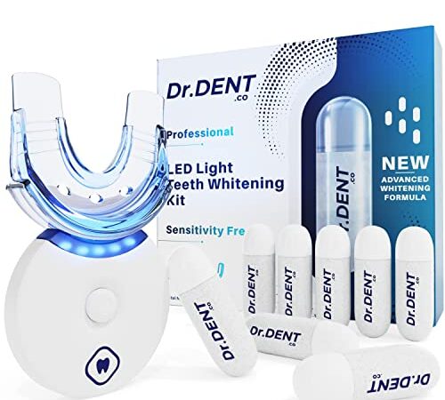 Kit profesional de blanqueamiento dental por LEDs DrDent - Fórmula sin sensibilidad - 8 cápsulas de gel blanqueador de 33,6 ml - Ayuda a eliminar las manchas - Incluye bandeja bucal y guía de colores