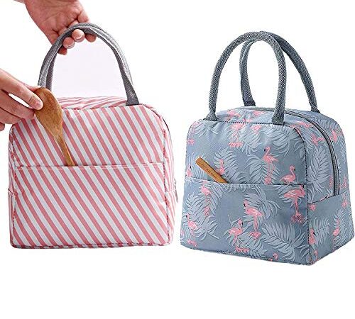 LABOTA 2PCS Bolsa Térmica Almuerzo Impermeable Fiambrera Isotermica,Lunch Bag con bolsillo trasero,Para hombres, mujeres y niños (Flamingo & Pink Stripe)