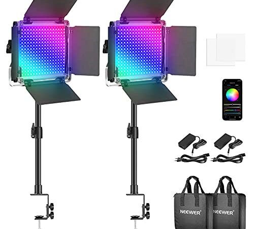 Neewer 2-Pack 660PRO RGB LED Video Luz con Control de Aplicación, 360° a Todo Color, Kit de Iluminación de Video 50W con Soporte de Clip de Mesa, CRI 97+ para Juegos, Transmisión Zoom Fotografía