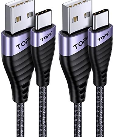 Cable USB C, TOPK [2Pack 2M] 3A Cable USB Tipo C Carga Rápida Cable Sincronización de Datos Nylon Carga Cable USB C para Samsung S21 S20 S10 S9 S8 Note20 Xiaomi Huawei P30 P20 P10