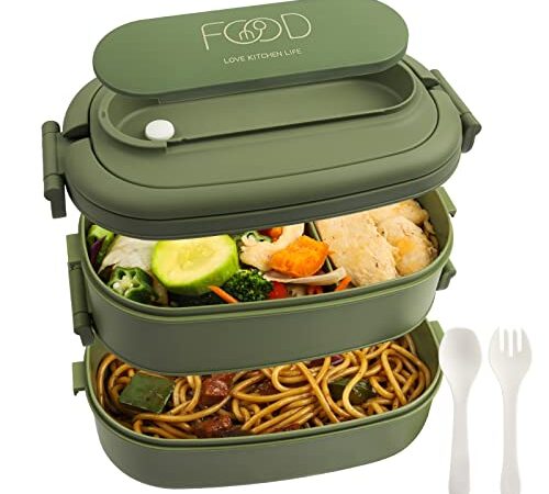 Fiambrera: 2-Capa Bento Box con Cubiertos - 1550ml 3-Compartimentos Lunch Box -Plastico Sin-BPA Compartimentos Lonchera - Hermetica Fiambrera por Adultos y Hombre - Fiambrera Trabajo Microondas (Verde