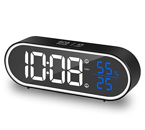 HOMVILLA Reloj Despertador Digital, LED Pantalla Reloj Alarma Inteligente Electrónicos con Temperatura / Humedad, 2 Alarma, Snooze, Modo Fin de Semana, Despertado, Sonido y Brillos Regulable (Negro)