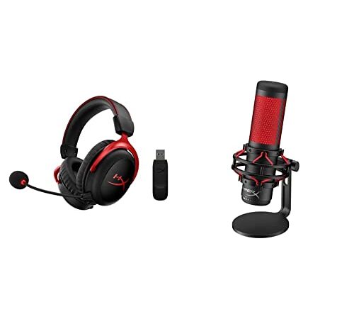 HyperX Cloud II Wireless - Auriculares Inalámbricos para Pc, Ps4, Ps5, Nintendo Switch + Quadcast Table Microphone Negro, Rojo - Micrófono