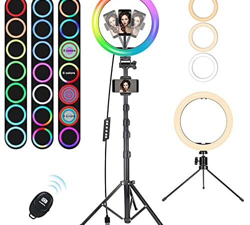 Aro De Luz con Tripode Alto, MICCYE RGB Anillo de Luz LED 10'' con 32 Colores RGB, 10 Niveles de Brillo Ring Light para Movil para TIK Tok Live Selfie Vlog Youtube