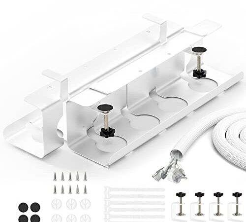 BANNIO Bandeja Organizador Cables Escritorio, Juego de 2 Cable Management sin Necesidad de Taladrar, Recoge Cables Mesa Escritorio, 43cm Soporte de Cables para Hogar u Oficina, Blanco