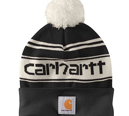 Carhartt Gorro de punto para hombre con pompón y logotipo, talla única, Negro , Talla única