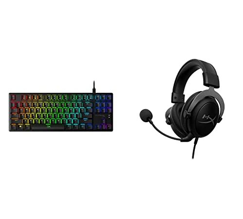 HyperX HX KB7AQX US Alloy Origins Core, Teclado Mecánico para Juegos RGB, Tenkeyless + KHX HSCP GM Cloud II Cascos de Gaming para PC/PS4/Mac, Color Gris