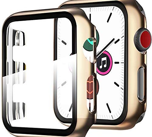 Miimall Funda Compatible con Apple Watch Series 6/5/4/SE 44mm Carcasa Protector Cristal, 2 en 1 PC Case + Vidrio Templado Anti-Choque Protector Pantalla para iWatch Series 6/5/4/SE 44mm - Oro