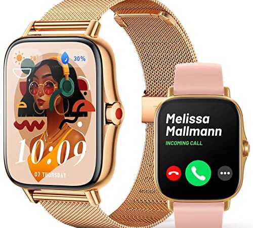 Smartwatch Mujer con Llamada y Whatsapp, 1.69" Reloj Inteligente Mujer para Android iPhone con Seguimiento Menstrual, Presión Arterial, Ritmo Cardíaco, Oxígeno Sanguíneo, Correa de Metal y Silicona