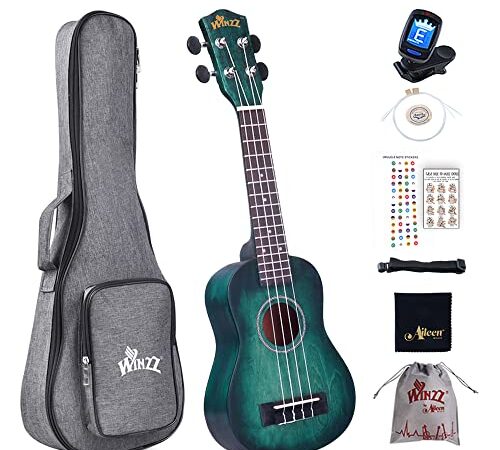 Winzz Ukelele Soprano Principiante para Niños Adulto con 8 Accesorios, Diseño de Color Único - 21 Pulgadas Cian Oscuro