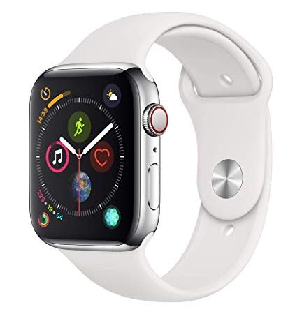 Apple Watch Series 4 (GPS + Cellular) con caja de 44 mm de acero inoxidable y correa deportiva blanca