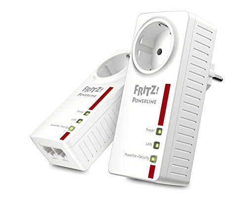 AVM FRITZ!Powerline 1220E Set International - Adaptador/Extensor de Red por línea eléctrica, PLC, Compatible HomePlug AV2, IEEE P1901, 1200 Mbps, 2 Puertos LAN Gigabit, Toma de Corriente integrada