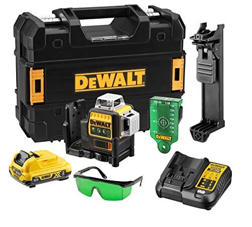 DEWALT DCE089D1G-QW - Láser autonivelante de 3 lineas de 360º-Incluye batería DW 10,8V Litio-Verde, Negro/Amarillo, 1, Set de 2 Piezas