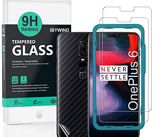 IBYWIND Protector de Pantalla para OnePlus 6 [2 Piezas],con Atrás Pegatina Protectora Fibra de Carbono,Incluyendo Kit de instalación fácil