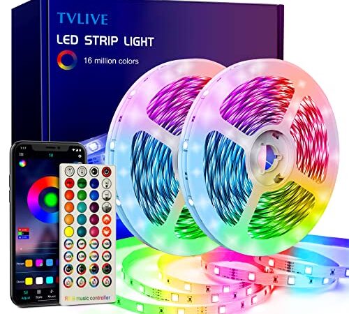 TVLIVE Tira LED, Luces LED Habitación 20 metros, LED Strip lights 5050 RGB, Sincronización Musical Bluetooth, Control de Remoto 40 Botones y App, 28 Modos, Luces de Tiras Led Para Fiesta Hogar TV Bar