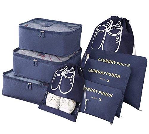 Vicloon Organizador de Equipaje,8 en 1 Set de Organizadores de Viajes, Impermeable Organizador de Maleta Bolsa Incluir 3 Cubos de Embalaje,3 Bolsos de la Compresión y 2 Bolsas de Zapatos (Azul Oscuro)