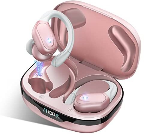 2022 Auriculares Inalambricos Bluetooth 5.3 HiFi Estéreo 70H Duración Liviano CVC8.0 Cancelación de Ruido con 2 HD Mic, Plue Auriculares Bluetooth con IPX7 Impermeable para Correr y Hacer Deporte Rosa