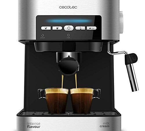 Cecotec Cafetera express Power Espresso 20 Matic. 850 W, 20 Bares, 1,5L, Brazo Doble Salida, Vaporizador, Superficie Calientatazas, Mandos Digitales, Acabados en Acero Inoxidable, Negro/Plata