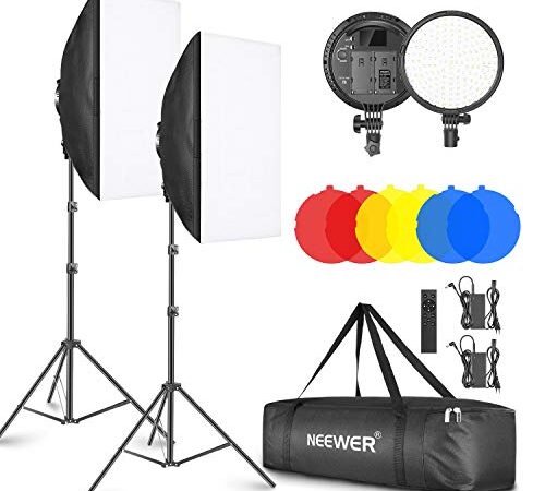 Neewer 2-Pack Kit Iluminación LED 2,4G Softbox con Filtro Color 51,1x71cm Softbox 3200-5600K 48W Cabezal de Luz LED Regulable con Control Remoto 2,4G Soporte Luz Filtro Rojo Amarillo Azul para Vídeo