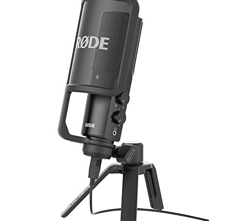 RØDE NT-USB Micrófono USB de condensador versátil estudio con filtro pop y trípode para transmisión, juegos, podcasting, producción musical, grabación de voz e instrumentos