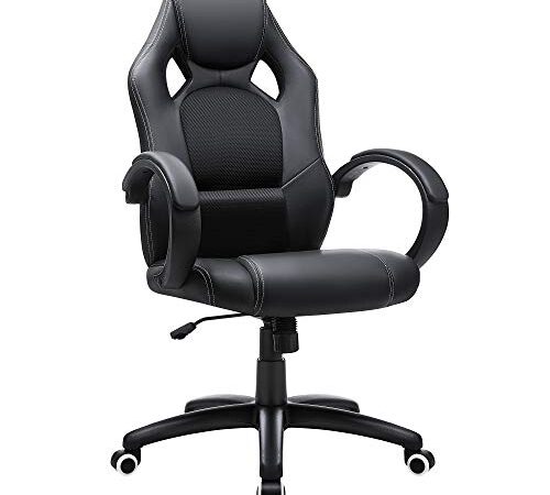 SONGMICS Racing Silla de Escritorio de Oficina Ergonómica Regulable con Ruedas, OBG56B, Negro, 70*66.5*(107-117)