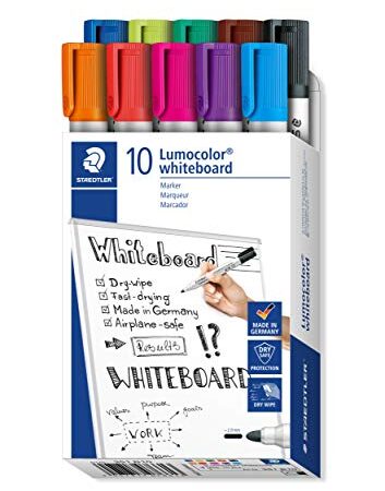 STAEDTLER 351 B10 Lumocolor Whiteboard Marker. Estuche de cartón con 10 marcadores para pizarra blanca, colores surtidos