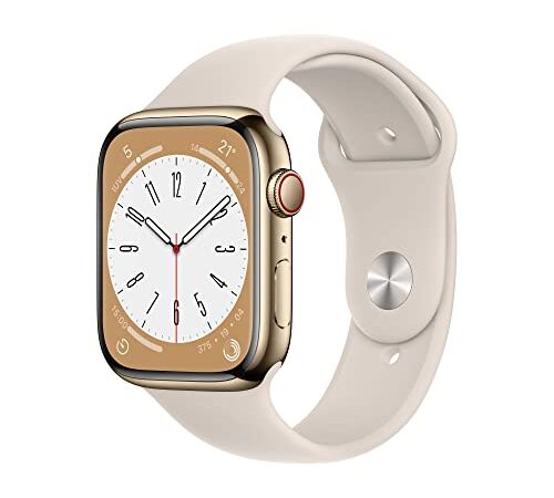 Apple Watch Series 8 (GPS + Cellular, 45mm) Reloj Inteligente con Caja de Acero Inoxidable en Oro - Correa Deportiva Blanco Estrella - Talla única. Monitor de entreno, Resistencia alagua