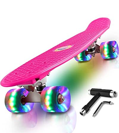 Monopatín Skateboard Completo Niños con 4 Ruedas LED para Niño y Niña Penny Board Mini Cruiser de 55CM con Herramienta T de Patinete Todo-en-uno (Rosa)