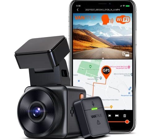 VANTRUE E1 1944P Mini Dashcam WiFi Dash CAM, Cámara de Coche Frontal Controlada por Voz con HDR Visión Nocturna GPS, 24h. Monitor de búfer, Sensor G 160° de 1,54 Pulgadas, 512 GB máx.