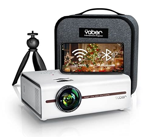 YABER V5 8000 Lúmenes Mini Proyector Portátil, 2.4G & 5G WiFi Bluetooth Proyector 4K Soporta 1080P Full HD, Cine en Casa Adecuado para Smartphone iPad, HDMI/USB/VGA/AV(Bolsa y Trípode incluidos)