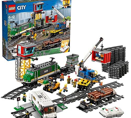 LEGO 60198 City Tren de Mercancías, Juguete con Motor, Vehículo Teledirigido para Niños de 6 Años o Más con 4 Coches, Vías y Accesorios