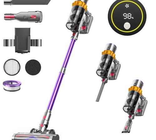 45Kpa/550W/70Mins Aspiradora sin Cable, Aspiradora Escoba sin Cable de 1.6 L/Pantalla Táctil LED,Capa de Filtración de 8 Etapas,Aspiradora Autocargable,Adecuado para Suelos/Alfombras/Pelo de Animales