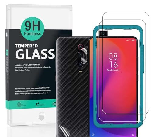 Ibywind 2 Piezas Protector de Pantalla para Xiaomi Mi 9T,Mi 9T Pro,con Protector Camara,Atrás Pegatina Protectora Fibra de Carbono, Cristal templado Antiarañazos