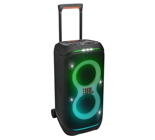 JBL PartyBox Stage 320, Altavoz portátil para fiestas, con asa telescópica y ruedas, Bluetooth, espectáculo de luces, resistente a salpicaduras IPX4, hasta 18h de reproducción, negro