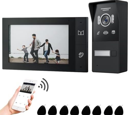 JeaTone Videoportero WiFi 2 Hilos,1080P IP Sistema de Intercomunicación con 7 Zoll Monitor de Pantalla Táctil y Timbre,Desbloqueo por APLICACIÓN/Tarjeta,Detección de Movimiento,App Notificación Push