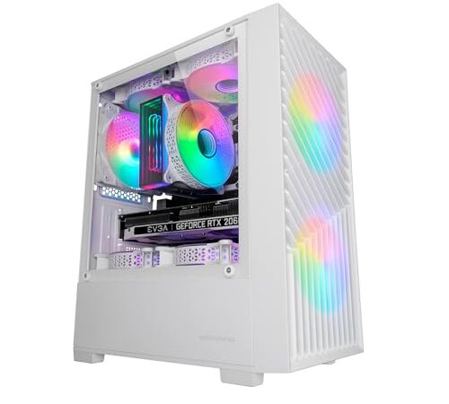 MARSGAMING MC- Vortex, Caja Gaming MicroATX, Frontal Mesh Geométrico, Ventana Lateral Cristal Templado, 3X Ventiladores FRGB Rainbow 120mm, Minitorre PC Compacta con Diseño Doble Cámara, Blanco