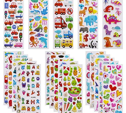Meafeng Pegatinas para Niños 600+, 24pcs Pegatinas Infantiles 3D Puffy Stickers, Aplicable Gratificantes Regalos Scrapbooking, Que Incluyen Automóviles,Animales, Números, Frutas, Letras, Vida Marina