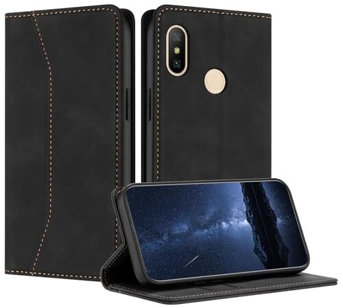 Mo-Beauty Funda para Xiaomi Redmi 6 Pro/Mi A2 Lite, Funda Xiaomi Redmi 6 Pro con Tapa, Xiaomi Mi A2 Lite Funda Libro de Cuero con Cáscara de TPU, Soporte Plegable, Tipo Libro Flip Wallet Caso (Negro)