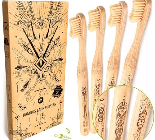 Nature Nerds - Juego de cepillos de dientes de bambú (4 piezas) / grado de dureza: medio