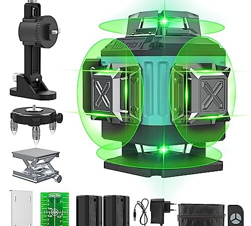Nivel Laser Autonivelante 4 x 360 °, Verde 16 Líneas, 2 x 360 Horizontal y 2 x 360 Verticales, 2 x Batería, Montaje en Pared, Control Remoto, Base Magnética, Soporte Giratorio